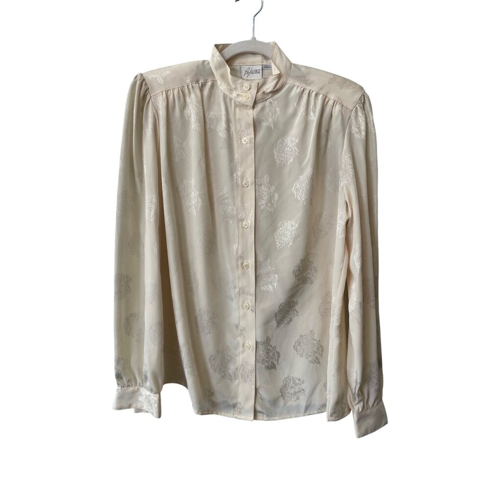 Vintage 80s Pykettes Floral Blouse Shirt Size 10 Long Sleeve Cream Deadstock NEW